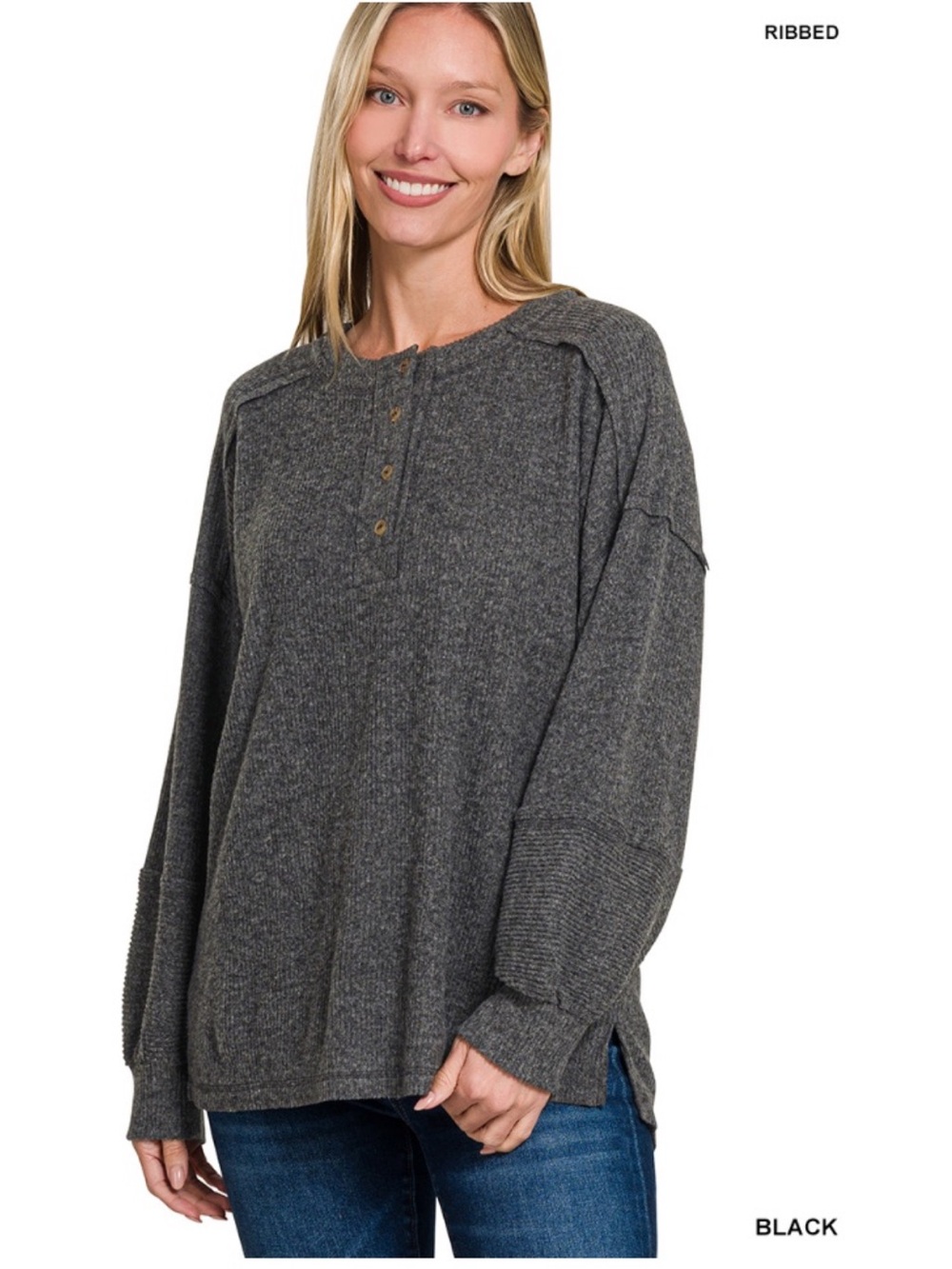 Zenana Outfitters Ribbed Henley Pullover - Black